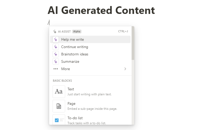 Notion AI content creation interface.