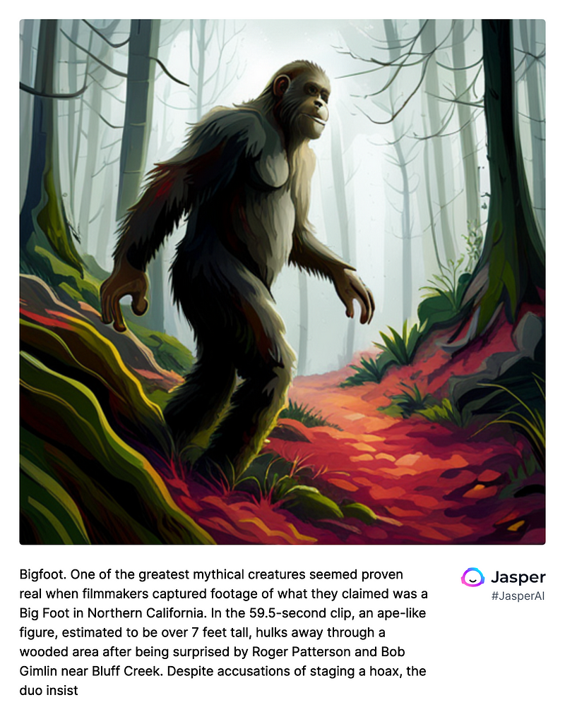 AI depiction of Bigfoot wandering through the woods