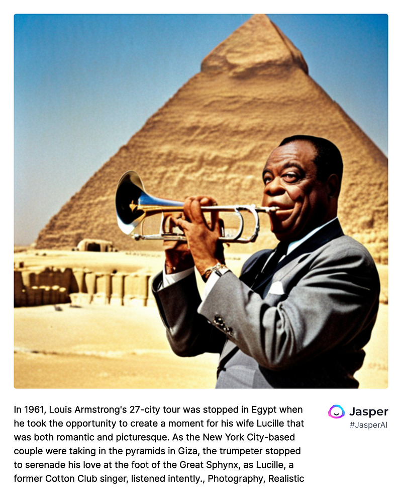 AI recreation of Louis Armstrong performing at the pyramids