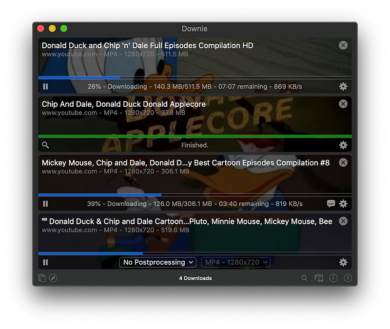 Downie app interface for video downloading