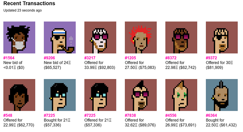 Screenshot of recently sold CryptoPunks