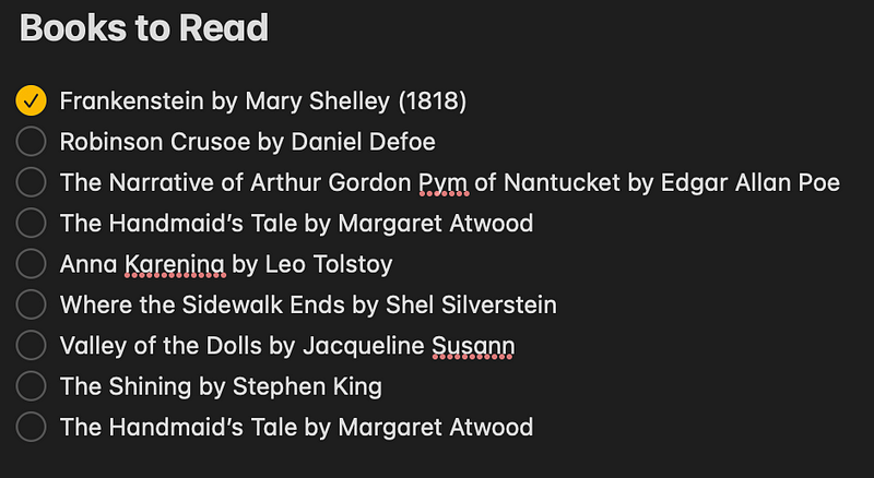 Custom checklist of books in notes app