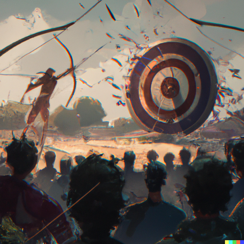 Digital art depicting an archer amidst a chaotic crowd