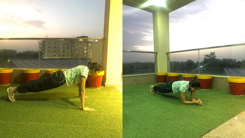 Author performing planks at sunset while on vacation