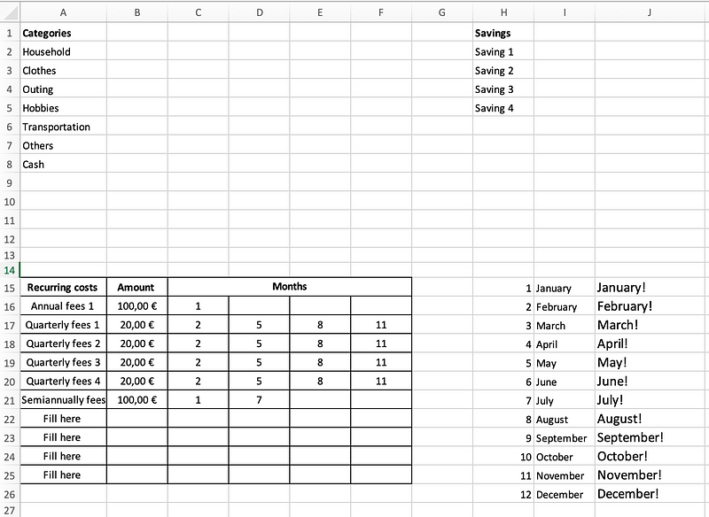 Overview of the Lists Sheet with categories and months.