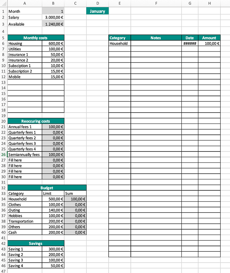 Sample Monthly Sheet showing income and expenses.