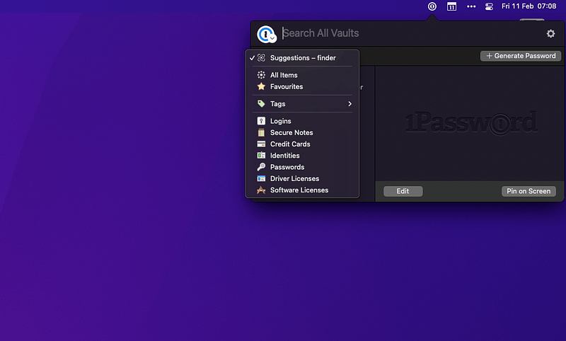 1Password menu bar app for secure access