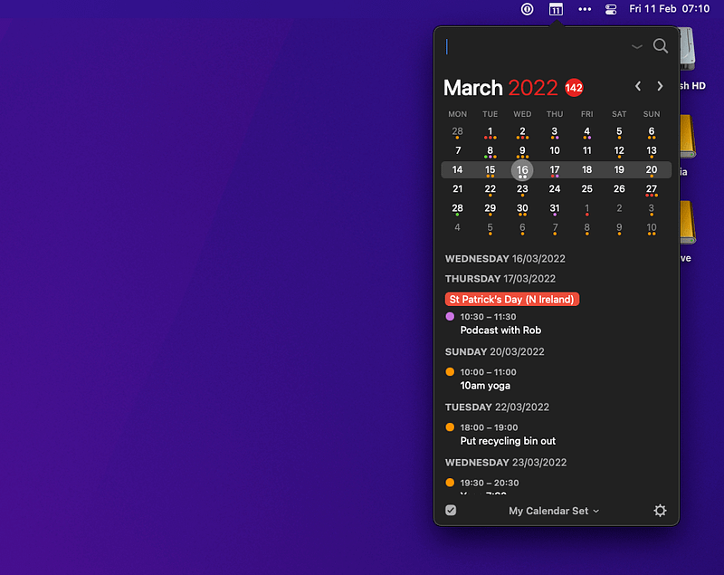 Fantastical's calendar view in the menu bar