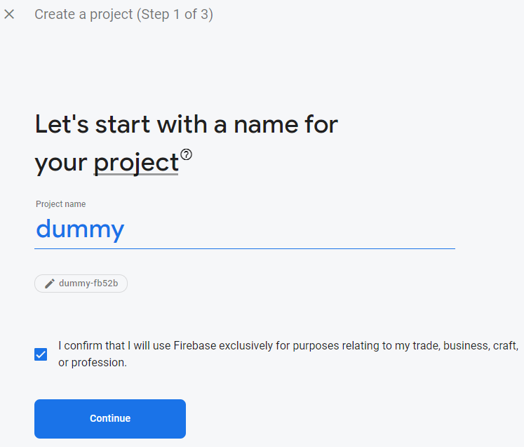 Selecting a project name in Firebase