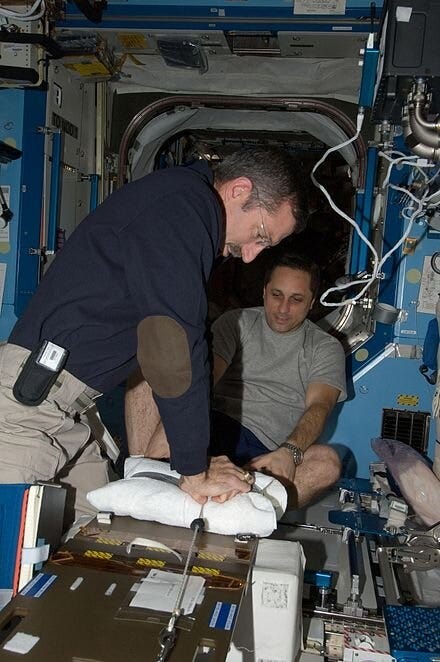 Training exercises for providing first aid in space.