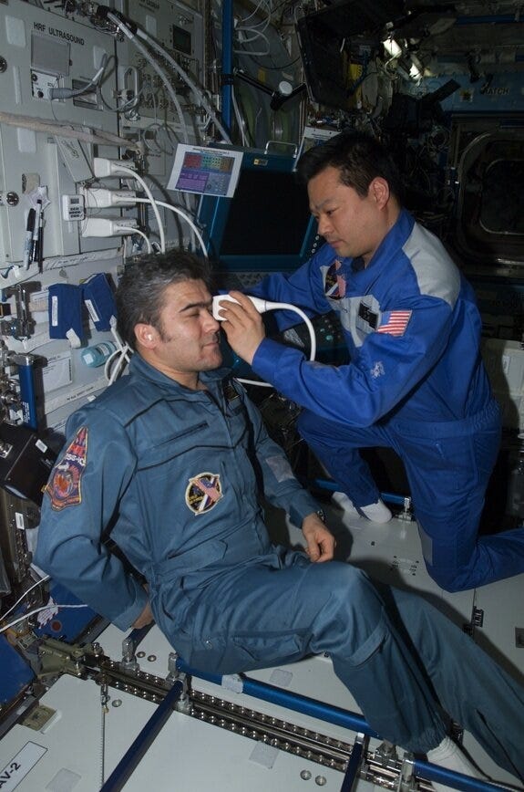 Ultrasound examination conducted in space.