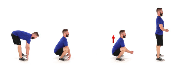 Toe touch squat-to-stand exercise demonstration