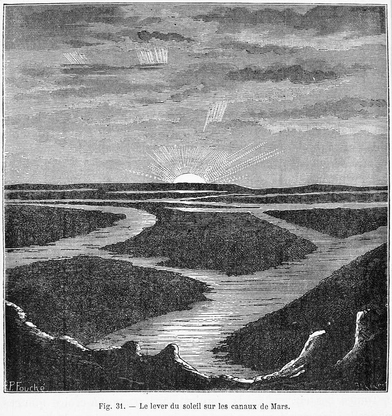 An illustration of Martian canals from Camille Flammarion's work.